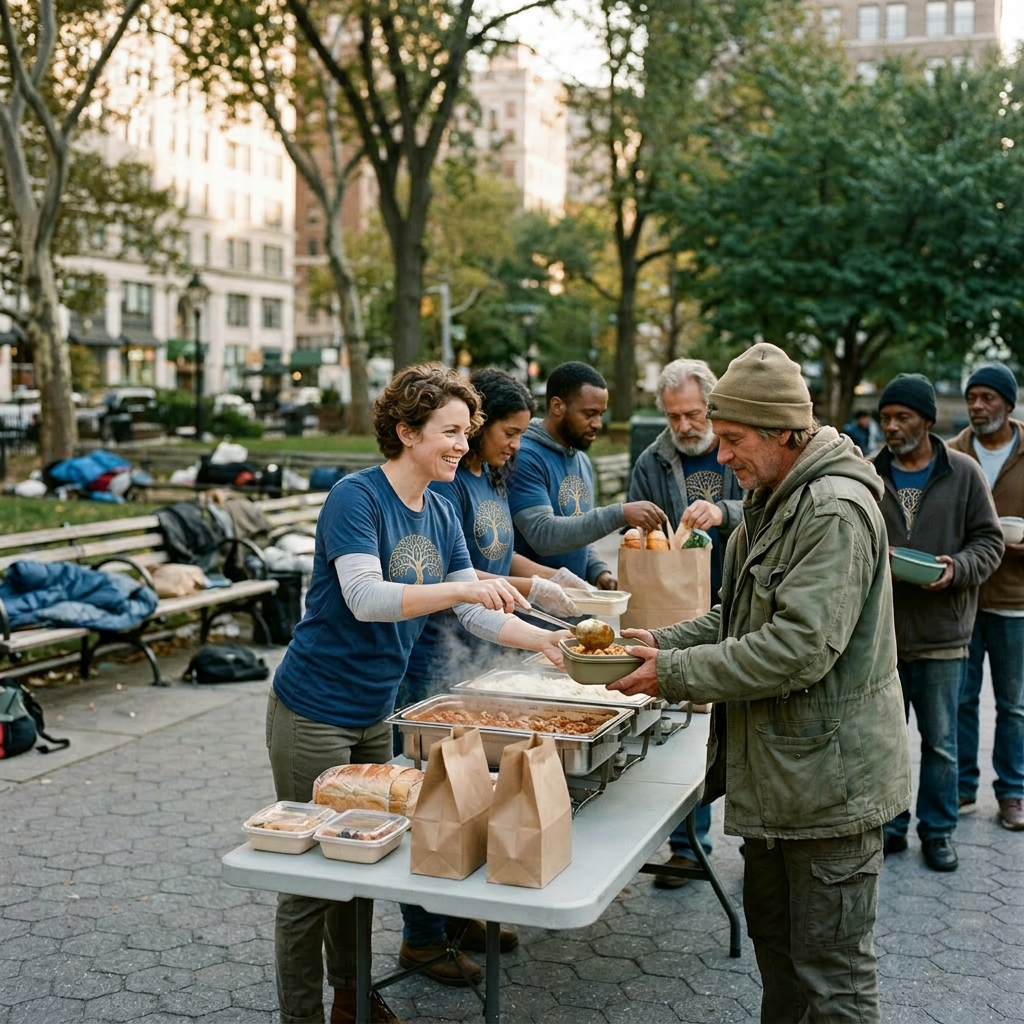 Volunteers serving hot meals to homeless individuals in an urban park setting
