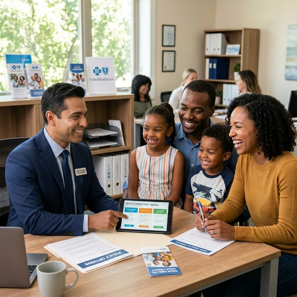 Insurance representative showing health plan options on tablet to smiling family